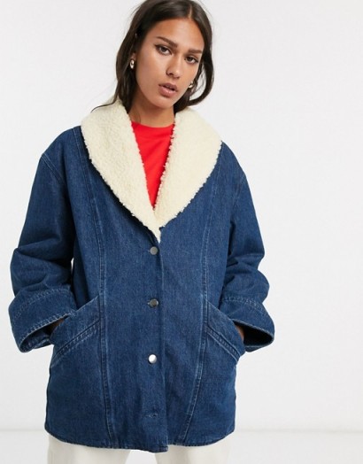 & Other Stories denim faux shearling trim overcoat in blue wash