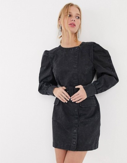 & Other Stories puff sleeve button-detail denim mini dress in washed black