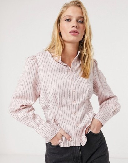 & Other Stories stripe puff sleeve blouse in pink – striped cinched waist shirts - flipped