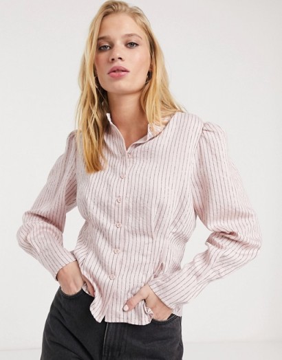 & Other Stories stripe puff sleeve blouse in pink – striped cinched waist shirts