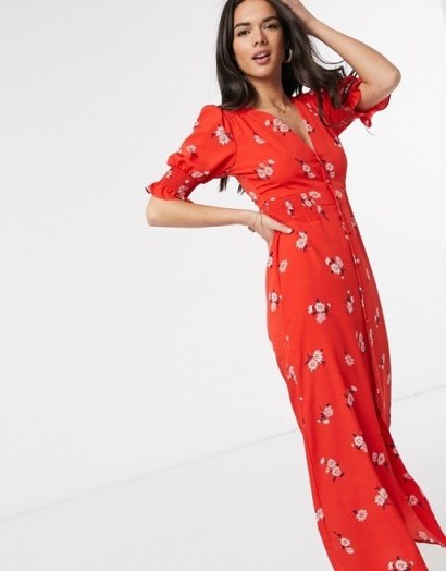 ASOS DESIGN red button through maxi tea dress with shirred waist in floral print - flipped