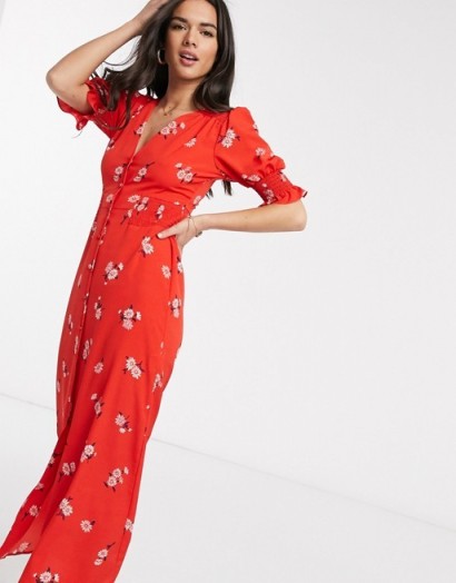 ASOS DESIGN red button through maxi tea dress with shirred waist in floral print