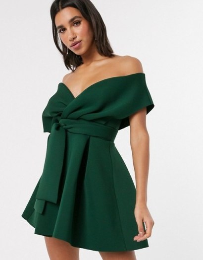ASOS DESIGN fallen shoulder skater mini dress with tie detail forest green – bardot fit and flare - flipped