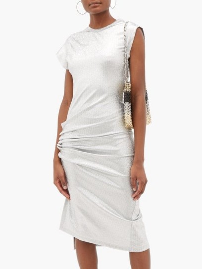 PACO RABANNE Asymmetric gathered lamé dress in silver