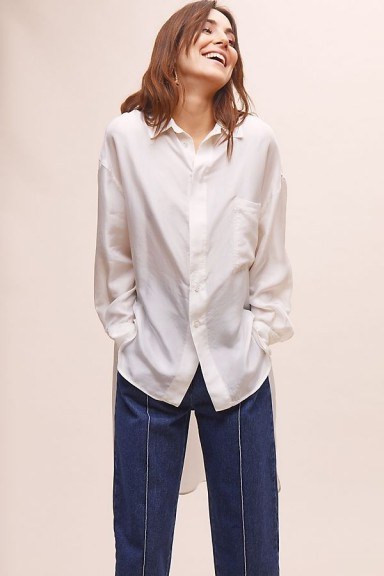 Tela Leza Silk Shirt in White | luxe shirts | high low hem - flipped