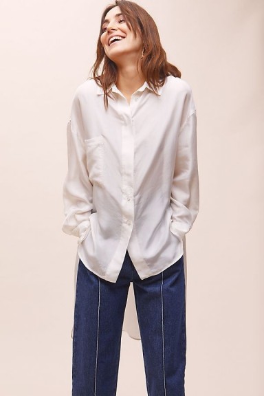 Tela Leza Silk Shirt in White | luxe shirts | high low hem