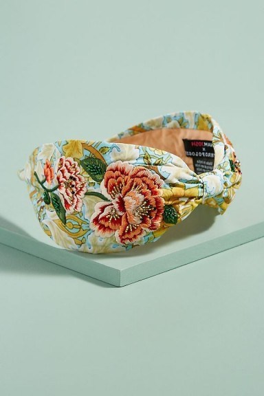 Anthropologie Embellished Floral-Embroidered Headband in Rose | feminine embroidered headbands - flipped