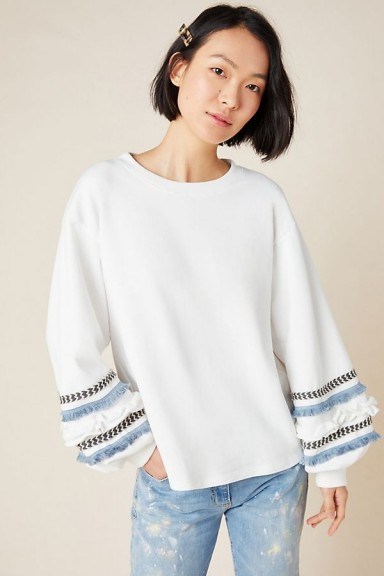 Junie – Patrice Puff-Sleeved Sweatshirt in White | fringe detail sweatshirts - flipped