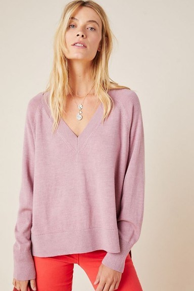 Anthropologie Gabby V-Neck Merino Jumper in Mauve | casual luxe sweater - flipped