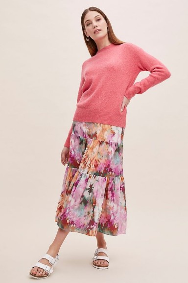 Kachel Ruffled Tie-Dye Silk Skirt in Pink