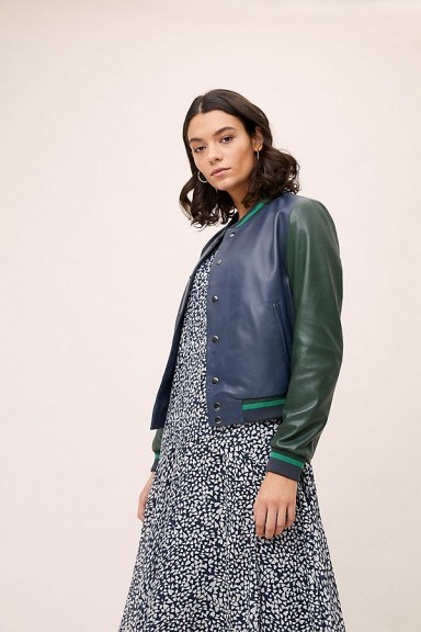 Anthropologie Colourblocked Leather Bomber Jacket in Navy - flipped