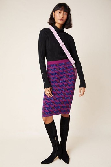Maeve Nancy Knitted Pencil Skirt in Purple Motif - flipped