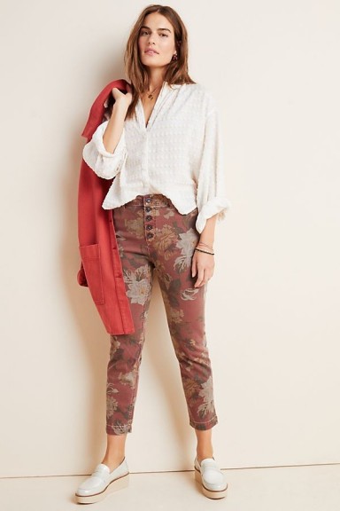 Pilcro Ultra High-Rise Slim Straight Floral Print Jeans in Mauve