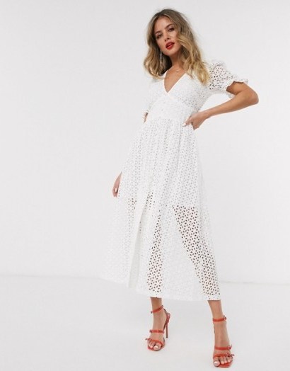 Bardot broderie puff sleeve midaxi dress in white | spring parties | outdoor events - flipped