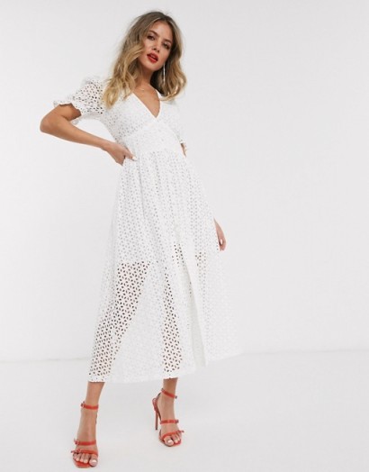Bardot broderie puff sleeve midaxi dress in white | spring parties | outdoor events