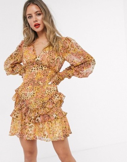 Bardot long sleeve shirred frill hem mini dress in mustard/blush leopard print | animal printed dresses - flipped