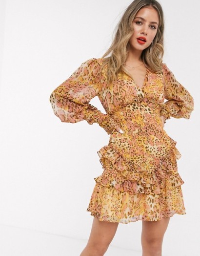 Bardot long sleeve shirred frill hem mini dress in mustard/blush leopard print | animal printed dresses