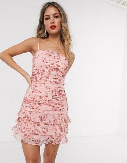 Bardot ruched cami mini dress with tiered hem in peach floral print - flipped