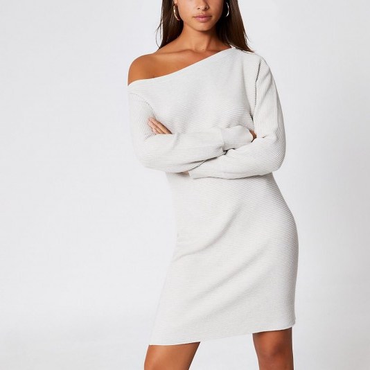 River Island Beige off the shoulder knitted mini dress - flipped