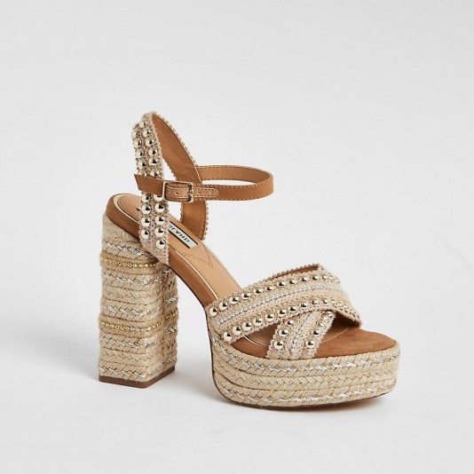 RIVER ISLAND Beige studded espadrille platform sandals – 70s look summer sandal - flipped