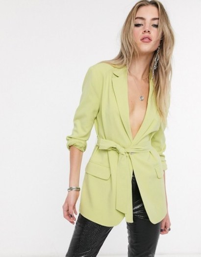 Bershka tie-waist blazer in lime green – bright belted jackets - flipped