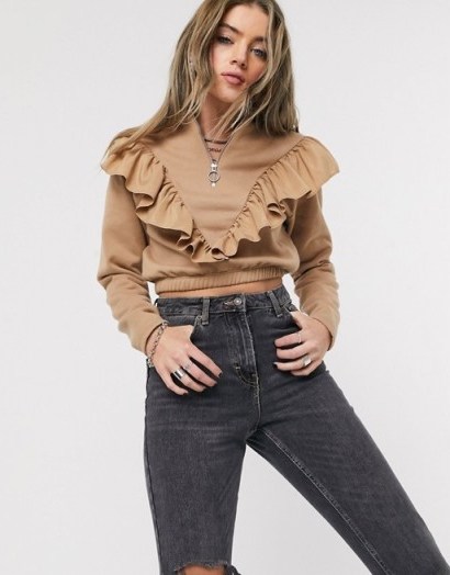 Bershka zip up sweat with frill detail in camel - flipped