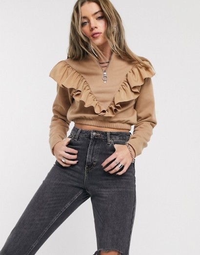 Bershka zip up sweat with frill detail in camel