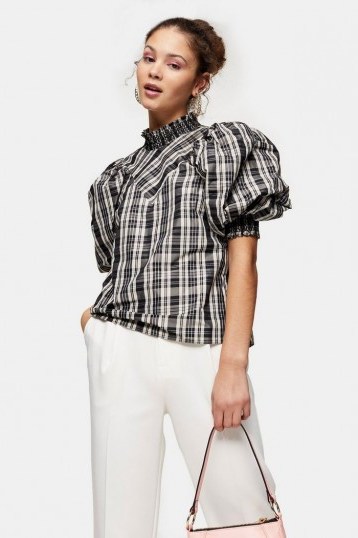 Topshop Black And White Puffer Taffeta Check Blouse | mono puff sleeve high neck top - flipped