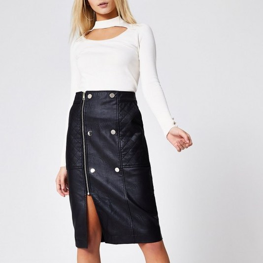 River Island Black faux leather quilted zip midi skirt | front slit skirts - flipped