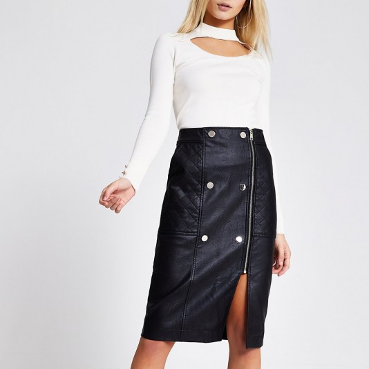 River Island Black faux leather quilted zip midi skirt | front slit skirts