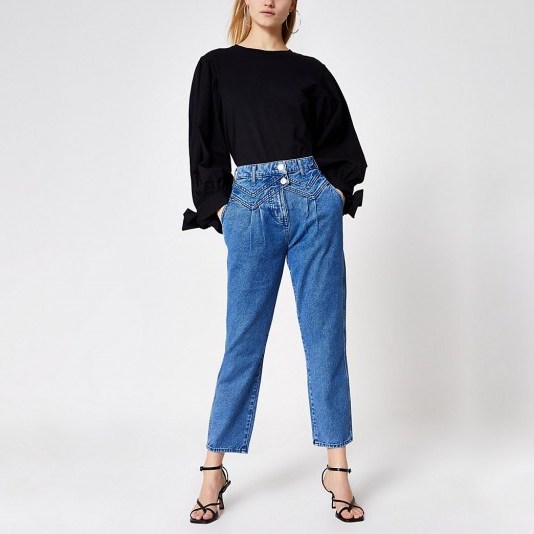 River Island Blue double button slim tapered leg jeans | front stitch detail - flipped