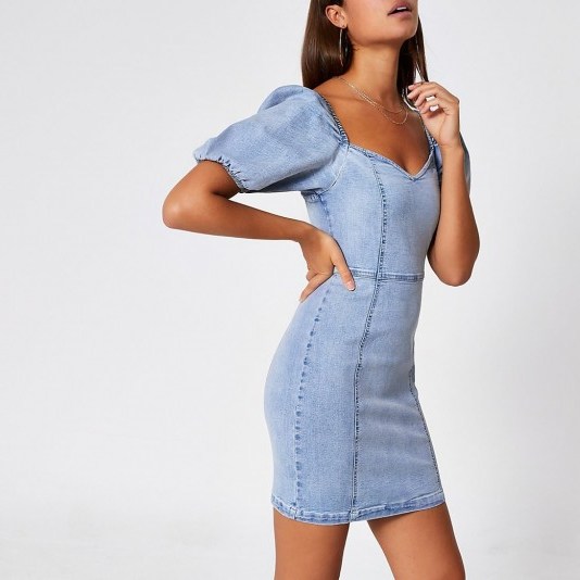 River Island Blue puff sleeve fitted denim mini dress | sweetheart neckline dresses - flipped