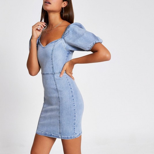 River Island Blue puff sleeve fitted denim mini dress | sweetheart neckline dresses