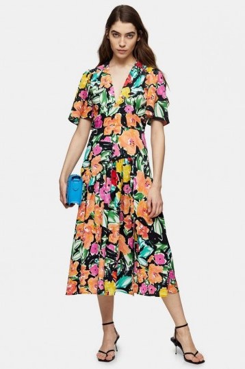 TOPSHOP Bold Floral Print Angel Sleeve Midi Dress / bright florals - flipped