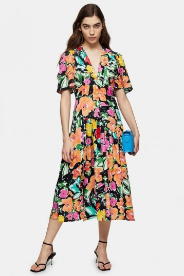 TOPSHOP Bold Floral Print Angel Sleeve Midi Dress / bright florals