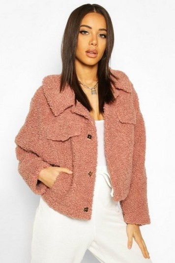 boohoo Bonded Teddy Faux Fur Jacket in rose – pink – textured - flipped