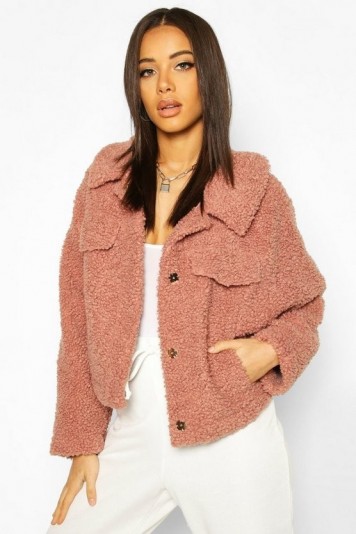 boohoo Bonded Teddy Faux Fur Jacket in rose – pink – textured