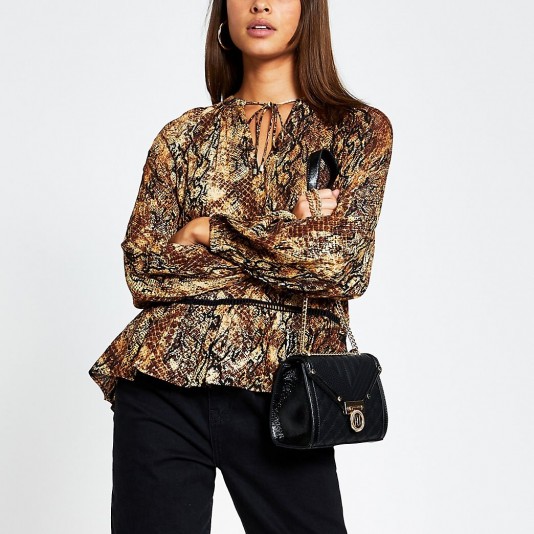 RIVER ISLAND Brown animal print long sleeve smock blouse