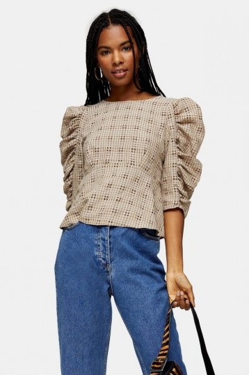 TOPSHOP Brown Check Tie Back Drama Blouse – puff sleeved blouses - flipped