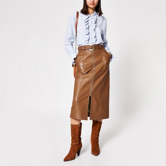 River Island Brown faux leather zip front midi skirt - flipped