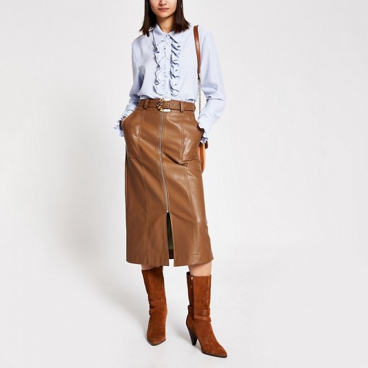 River Island Brown faux leather zip front midi skirt
