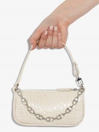 BY FAR White Mini Rachel Mock Croc Leather Shoulder Bag ~ small chain embellished bags - flipped