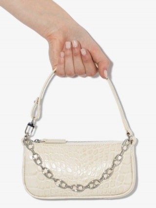 BY FAR White Mini Rachel Mock Croc Leather Shoulder Bag ~ small chain embellished bags