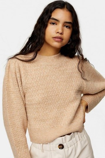 Topshop Camel Super Soft Knitted Airtex Sleeve Jumper | feminine knitwear - flipped