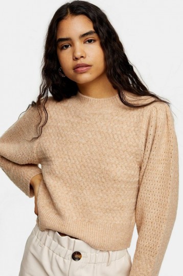 Topshop Camel Super Soft Knitted Airtex Sleeve Jumper | feminine knitwear