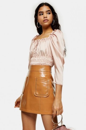 TOPSHOP Caramel Brown Vinyl Stud Mini Skirt – classic A-line skirts - flipped