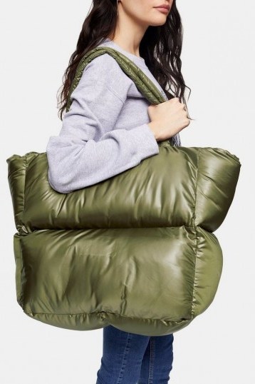 TOPSHOP CASA Khaki Puffer Tote Bag – large dark green bags - flipped