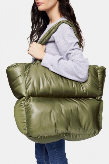 TOPSHOP CASA Khaki Puffer Tote Bag – large dark green bags