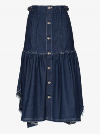Chloé Blue Ruffled Frayed Cotton Denim Skirt | handkerchief hemlines - flipped
