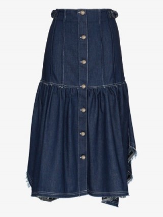 Chloé Blue Ruffled Frayed Cotton Denim Skirt | handkerchief hemlines